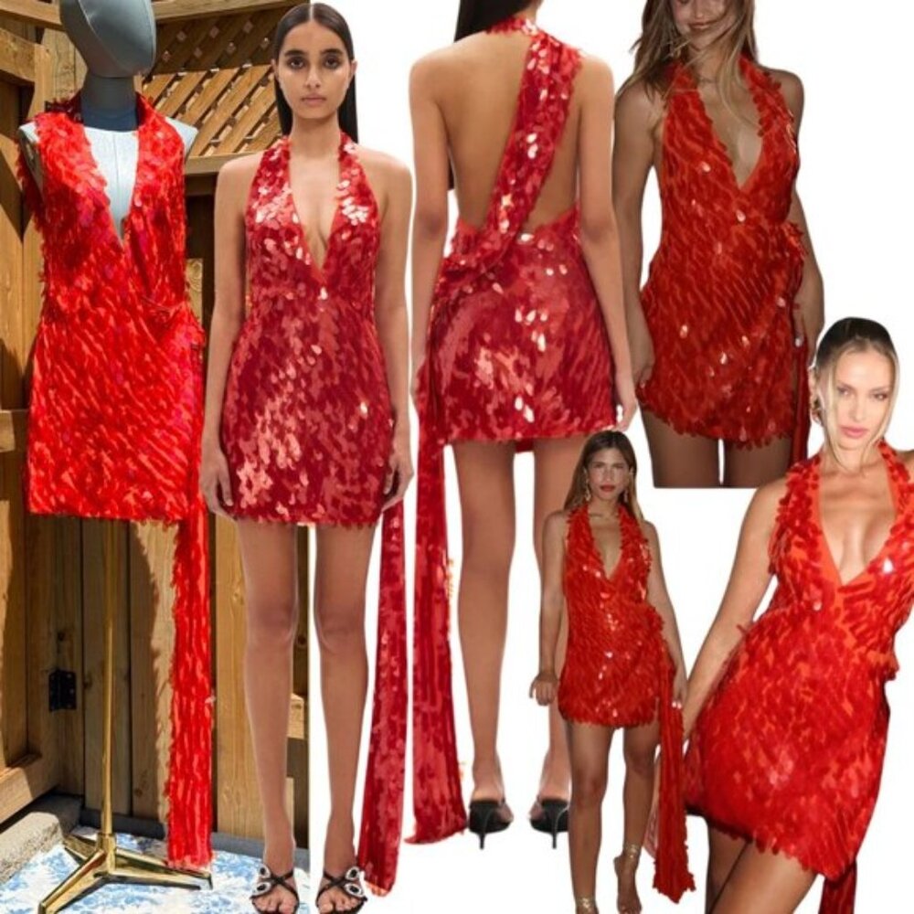 🆕 MISHA COLLECTION 🧿 NWOT Red Sapphire Sequins Mini Dress, Sz L - US 8